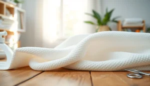 Katoen stof met details van de textuur en kleur op een houten tafel.