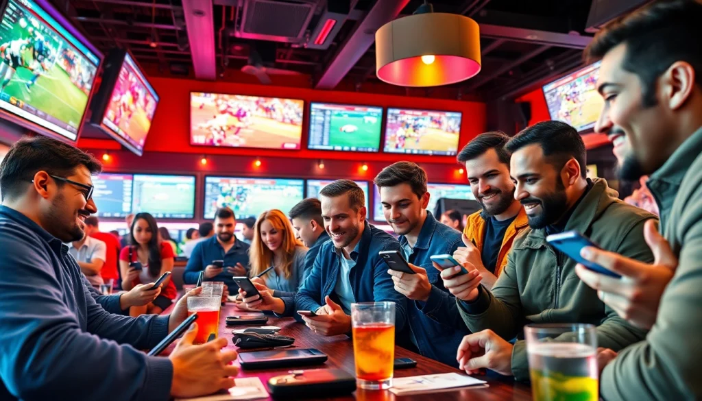 Engaging scene with enthusiasts exploring sports betting sites India on smartphones, showcasing vibrant atmosphere.
