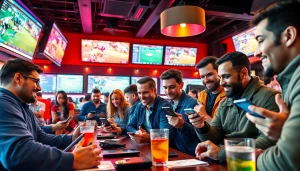 Engaging scene with enthusiasts exploring sports betting sites India on smartphones, showcasing vibrant atmosphere.