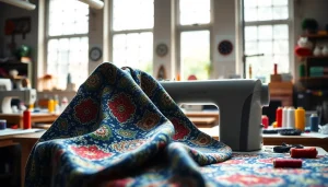 Punta di Roma stof drapeert over een naaimachine, prachtig en kleurrijk, in een creatieve werkruimte.