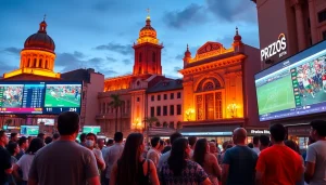 Engaged group participating in sports betting in Mexico at a lively outdoor venue.