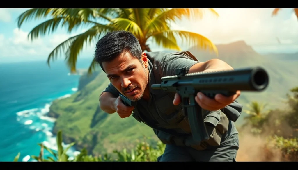 Aloha and Bullets action scene featuring Leroy Silver in a Hawaiian setting, dodging bullets amidst vibrant nature.
