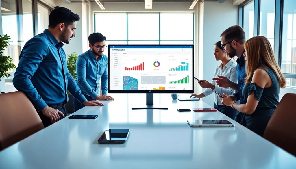 Showcasing a vibrant team reviewing an smm reseller panel in a modern office setting.