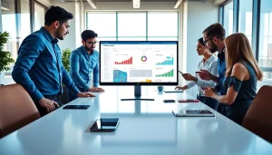 Showcasing a vibrant team reviewing an smm reseller panel in a modern office setting.