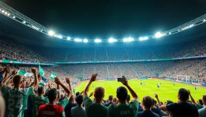 축구중계 중인 열정적인 팬들이 있는 경기장 모습