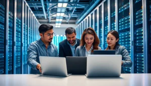 Proxmox Virtualization Experts collaborating in a vibrant modern data center environment.