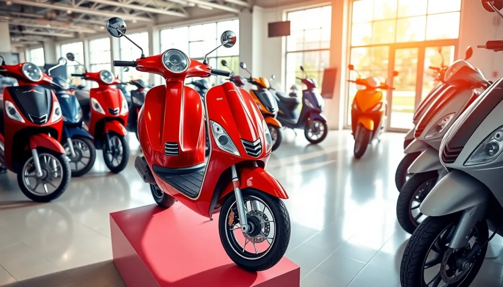 Motorroller kaufen: Verschiedene Modelle in einem modernen Showroom präsentieren.