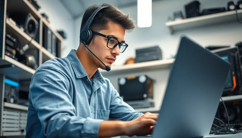 Technician performing computer repair on a laptop in a modern workspace.