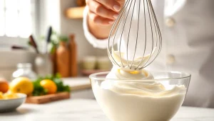 Mousseline cream being prepared by a chef in a bright, inviting kitchen setting.