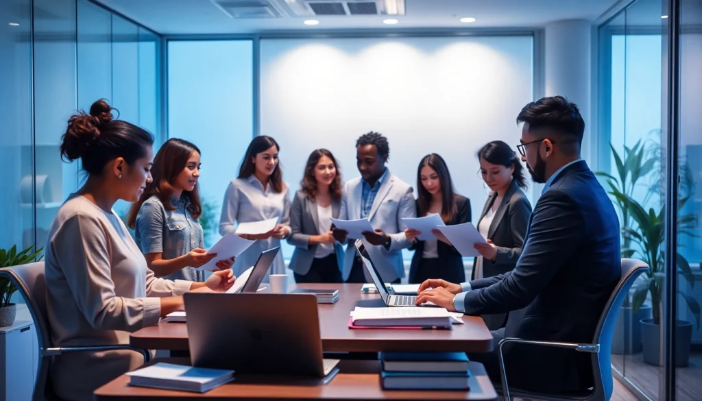 Environnement de travail collaboratif dynamique dans une agence de traduction, avec des professionnels divers utilisant la technologie.