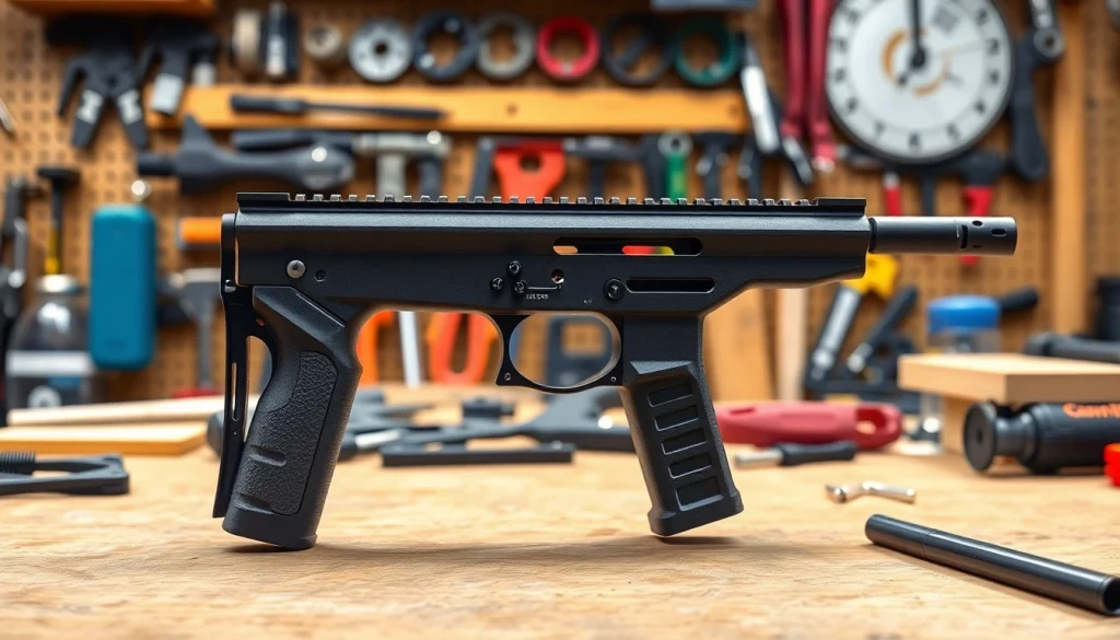 Showcase Polymer80 PF940C frame kit assembled on a workbench with tools.