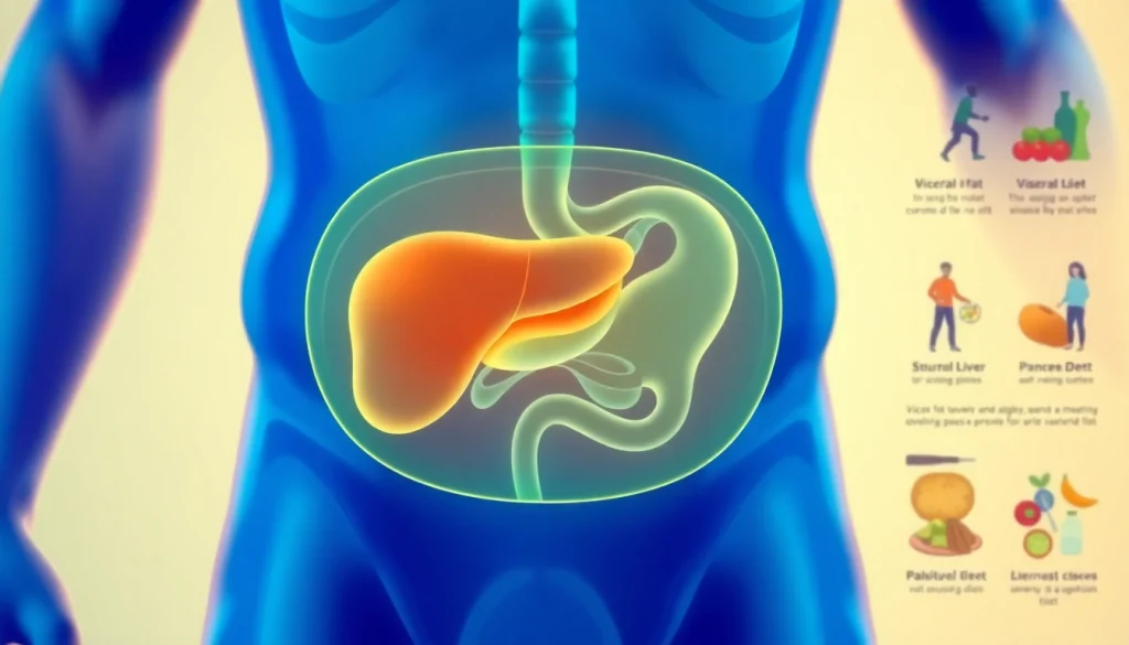 Illustration of visceral fat surrounding internal organs in the human body, highlighting health risks.