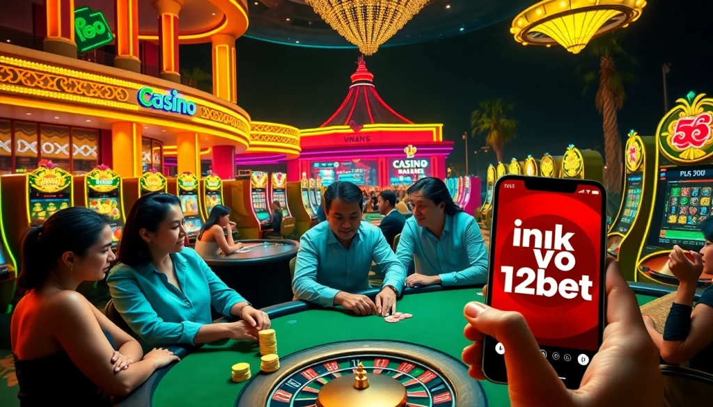 Experience the thrill of gambling with 'ink vao 12bet' at a vibrant casino, showcasing poker tables and slot machines.