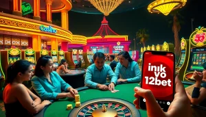 Experience the thrill of gambling with 'ink vao 12bet' at a vibrant casino, showcasing poker tables and slot machines.