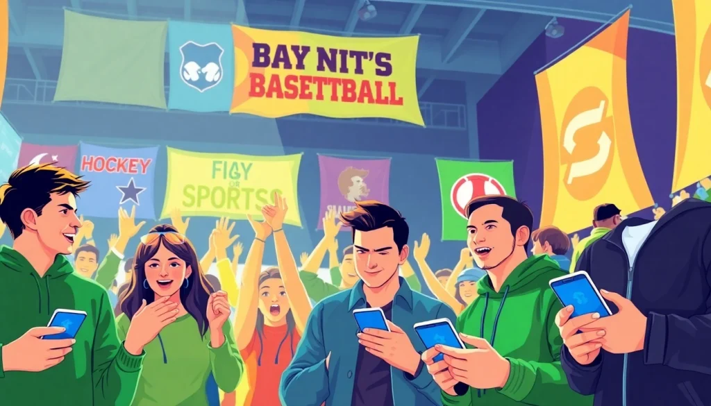 Engaging scene of sports betting sites Canada with fans and mobile devices in vibrant colors