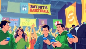 Engaging scene of sports betting sites Canada with fans and mobile devices in vibrant colors