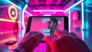 AI sexting interaction with vibrant colors and modern tech elements in an intimate setting.