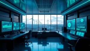 Dogecoin cloud mining operation showcasing advanced AI technology and renewable energy sources.