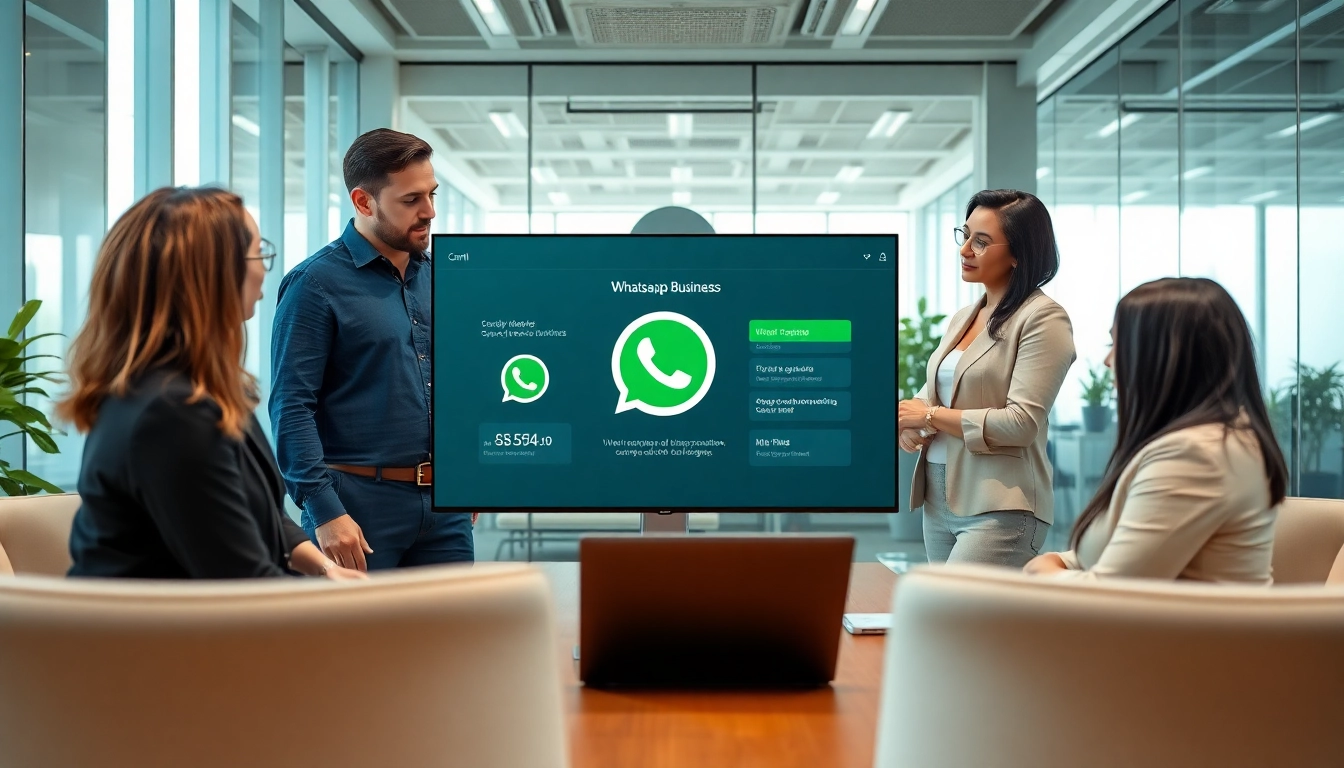 Illustration of a team exploring WhatsApp Business CRM features in a modern office setting.