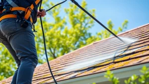 Roof cleaning process demonstrating eco-friendly soft washing in Kissimmee, FL, showcasing a professional at work.