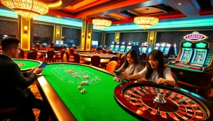 Experience the thrill of ev88 with vibrant casino tables, slot machines, and excited players.