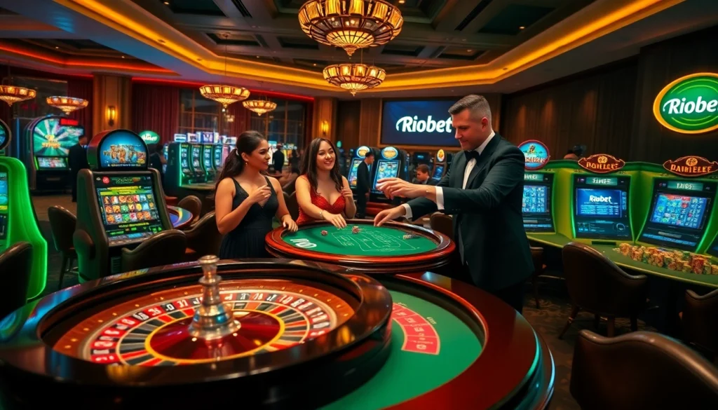 Experience the vibrant atmosphere of riobet casino with players at a roulette table and bright slot machines.