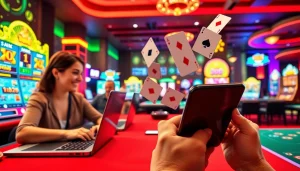 Players enjoying Canadian casinos online with vibrant games on devices in an exciting virtual environment.