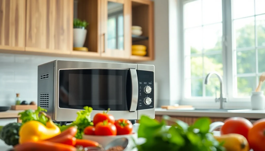 Showcasing an affordable microwave oven in a stylish kitchen setting with fresh vegetables.