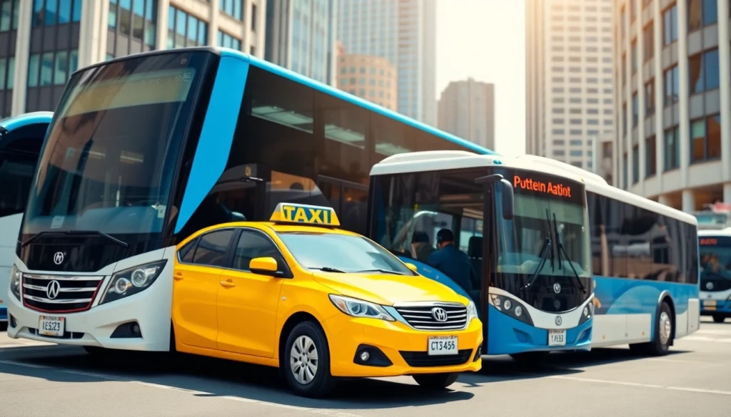 Efficient transportation services highlighted by modern vehicles in a bustling urban area.