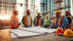 New York General Contractor supervising construction work on a vibrant city site, showcasing teamwork.