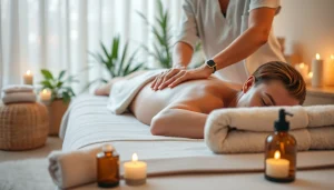 마사지 치료 중인 장면에서 전문 안마사가 고객을 위로하며 편안한 분위기를 연출하고 있습니다.