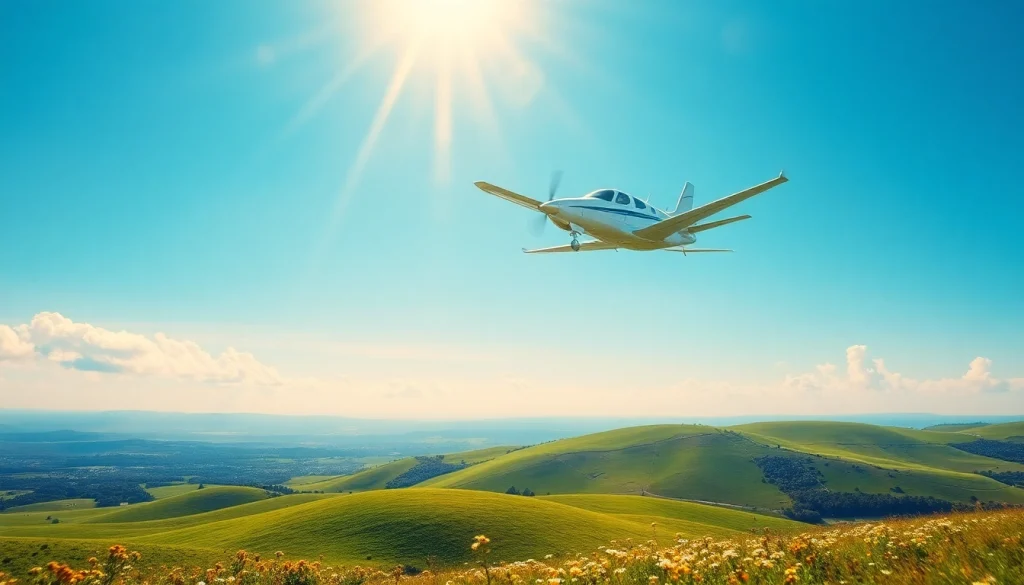 FLY88 aircraft soaring in a bright blue sky above picturesque hills, symbolizing adventure.