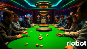 Experience the thrill of riobet at a high-stakes poker table, showcasing vibrant casino gaming elements.