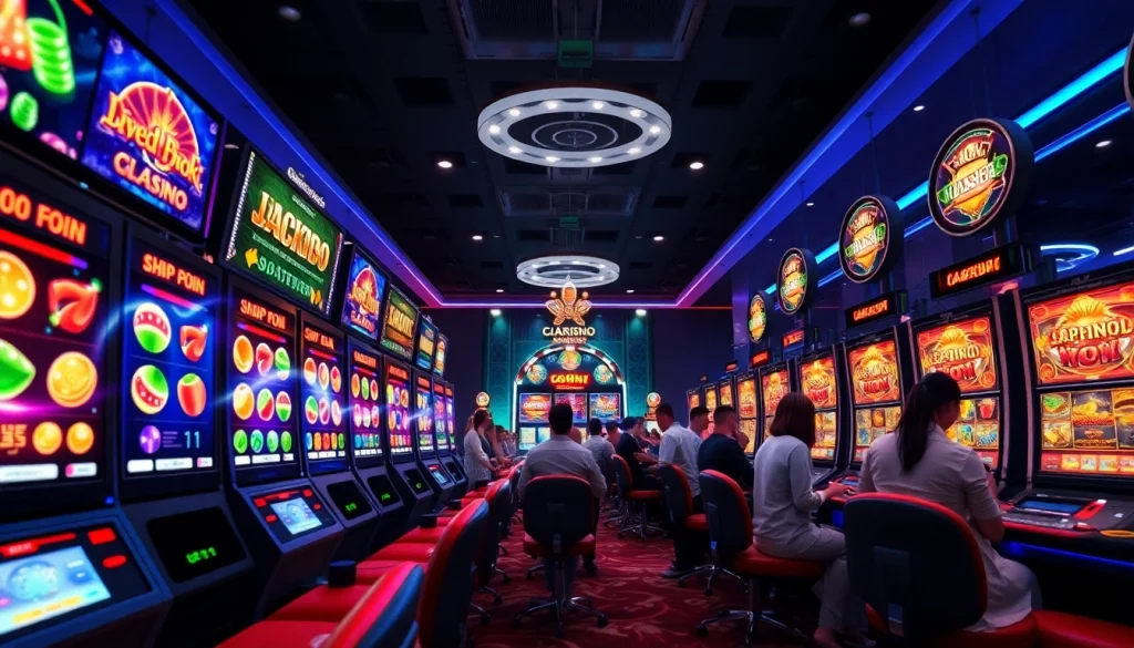 Experience the thrill of slot hoki with vibrant gaming machines and excited players in a lively casino atmosphere.