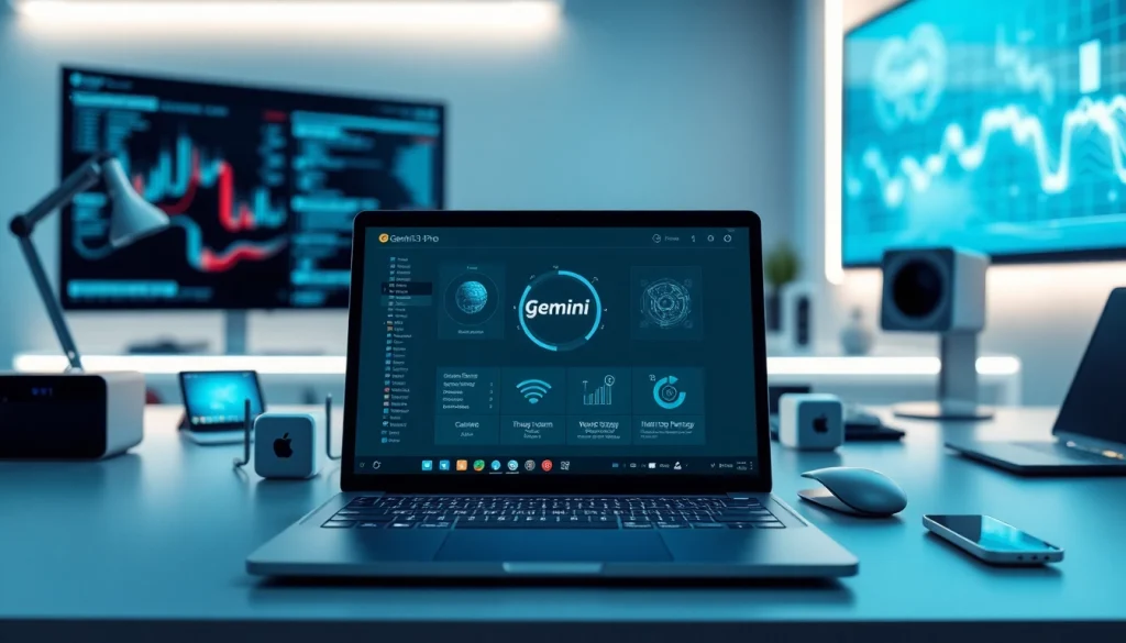 Gemini 3 Pro showcased in a sleek tech workspace with modern devices.