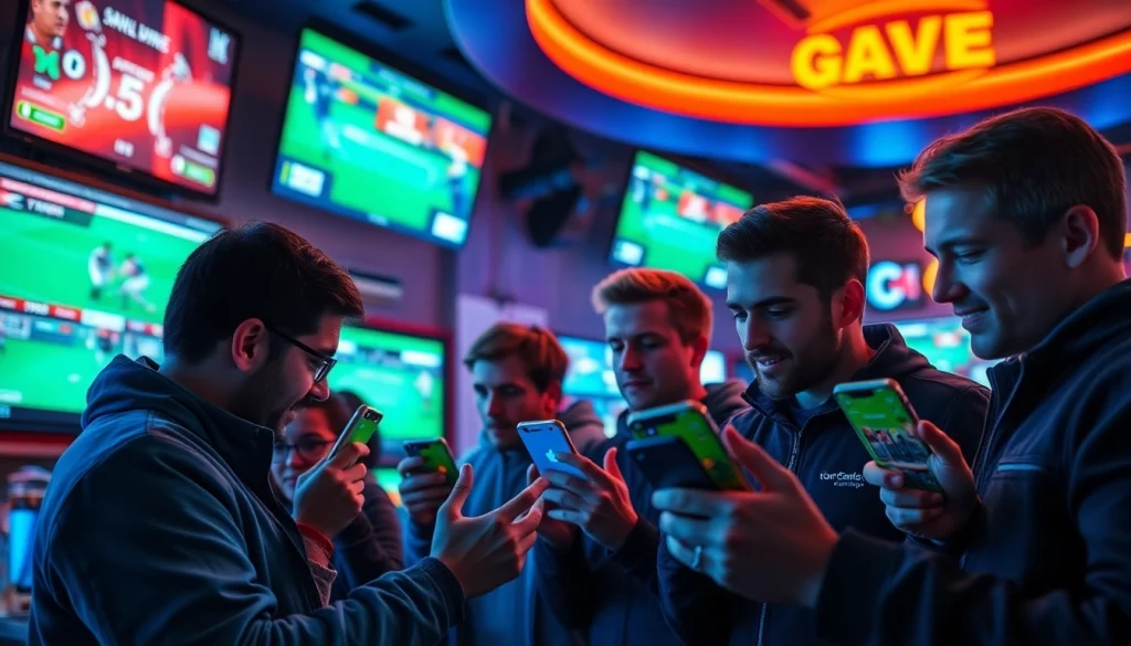 Explore sports betting sites Saskatchewan with enthusiastic bettors enjoying their sports apps in a vibrant bar setting.