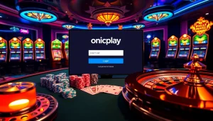 Engage with the onicplay login on a luxurious casino interface featuring poker chips and slot machines.