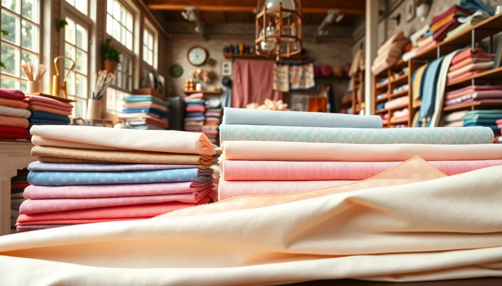 Bekijk poplin stof rollen in een elegante stoffenwinkel met verschillende kleuren en patronen.