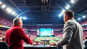 Engaging sports broadcasting scene showcasing announcer and lively stadium atmosphere.