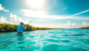 Angler practicing saltwater fly fishing in tropical lagoon with captivating scenery.