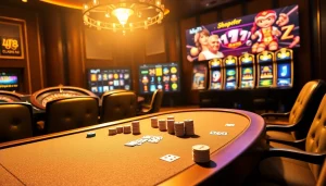 Engaging gamblers at the bk8th casino with a luxurious poker table and interactive gaming displays.