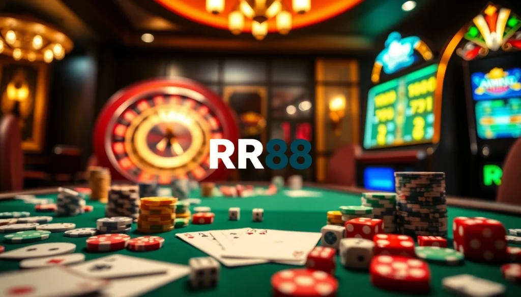 RR88 poker table with chips and cards, showcasing an exciting casino environment.