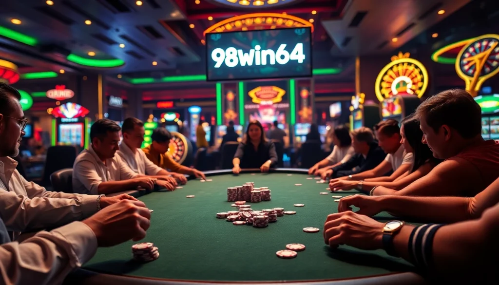 The thrill of gambling at 98win64's luxurious poker table with vibrant casino games around.