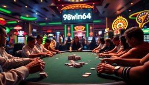 The thrill of gambling at 98win64's luxurious poker table with vibrant casino games around.