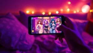 Mobile porn game interface displayed on a smartphone, showcasing vibrant graphics in an inviting atmosphere.