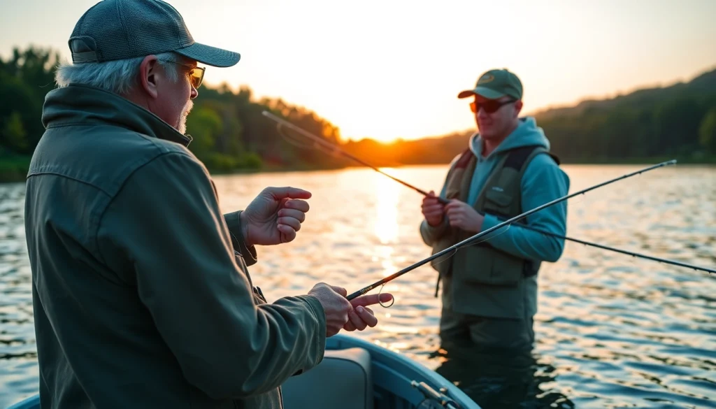 Learn fly fishing lessons near me with a professional instructor teaching an eager beginner by a tranquil lake.