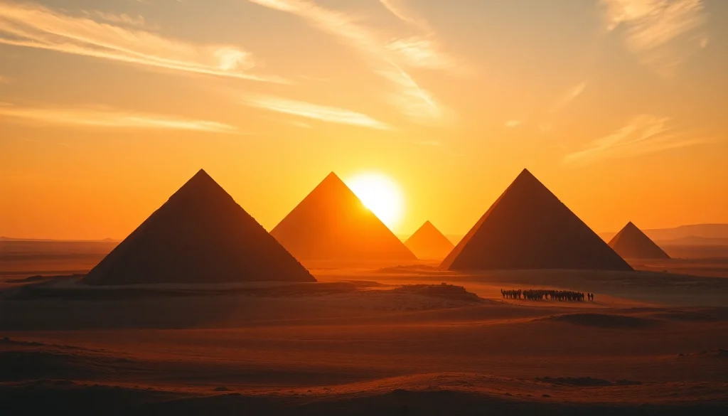 Piraminds towering majestically under a glowing sunset, showcasing ancient architectural marvels.