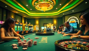 Players strategizing at an RR88 casino table with vibrant lights and thrilling gaming action.
