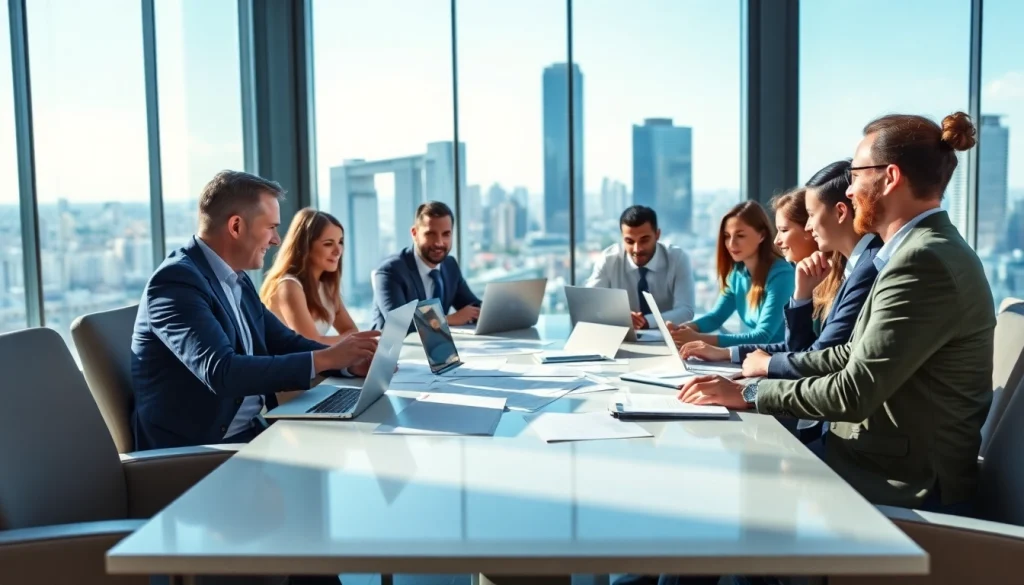 Executives discussing growth strategy trends in a vibrant office setting during a business meeting.