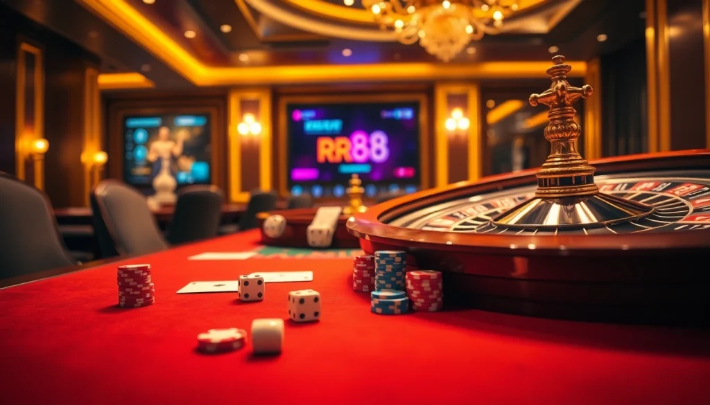 Experience the excitement of the gambling scene at nhà cái rr88 with vibrant poker chips and a roulette wheel.